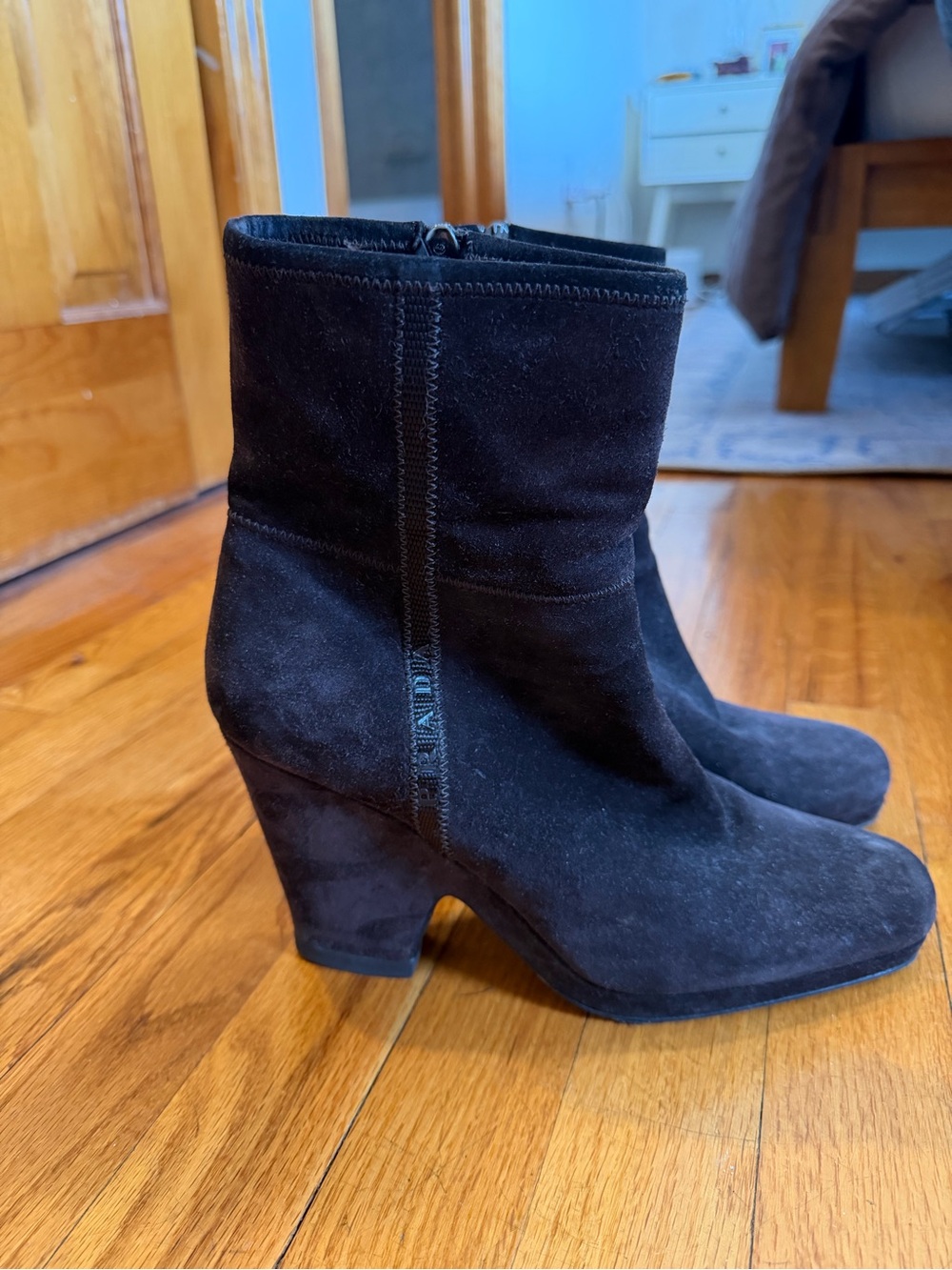 Prada Black Suede Mid-Calf Block Heel Ankle Boots